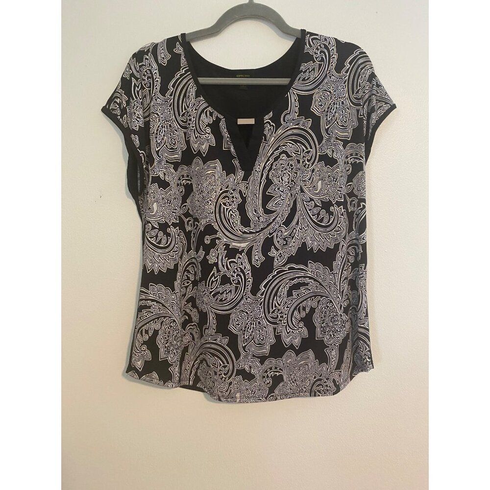 Espresso L Blouse Black & White Paisley Print Sleeveless Top Gold Detail Casual
